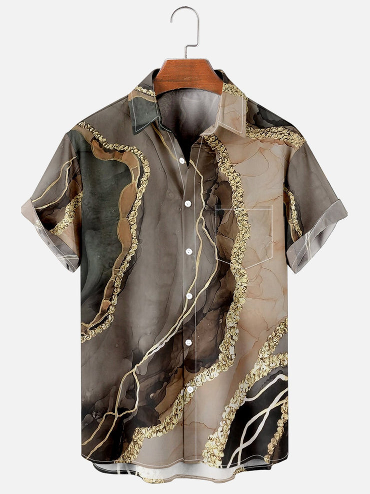 Herren Natur Marmor Wirkung Print Lässig Atmungsaktiv Brusttasche Kurzarm hawaiisch Shirts