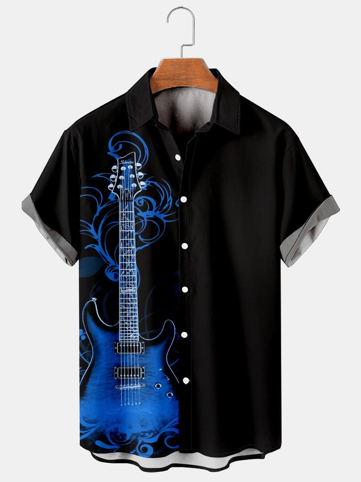 Herren Gitarre Muster Lässig Print Weit Kurzarm Hemden
