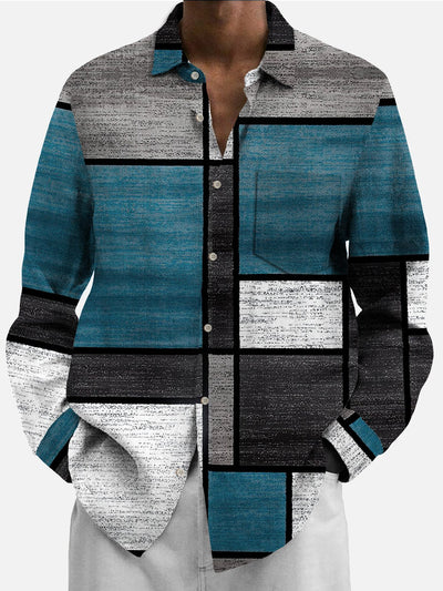 Royaura Retro Mittelalterlich Geometrisch Blau Herren Lässig Langarm Shirts Strecken Große Größen Aloha Lager Tasche Shirts