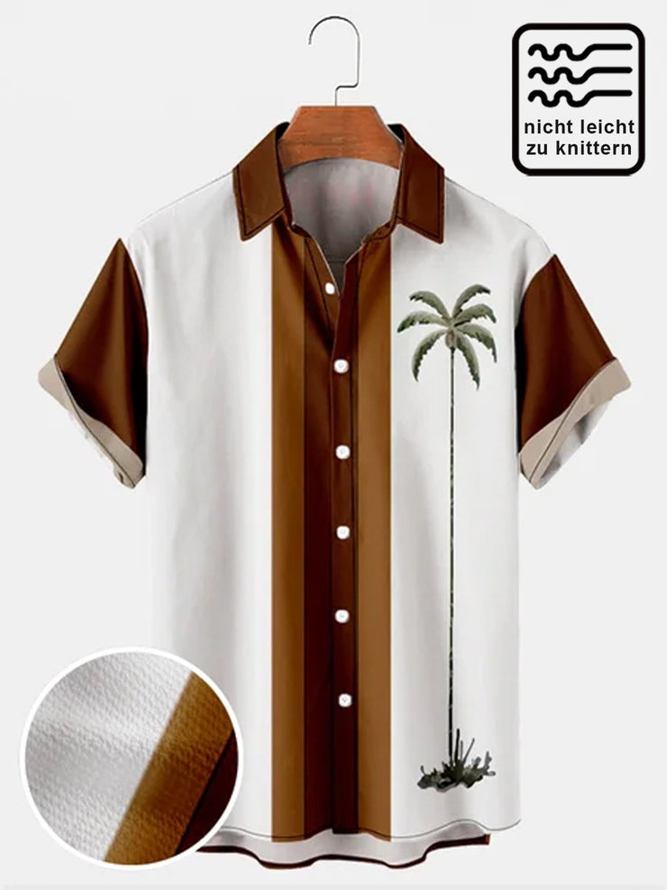Herren 1950s Retro Bowling Shirts Palme Khaki Falten Freie Seersucker Hemdenn&Shirts