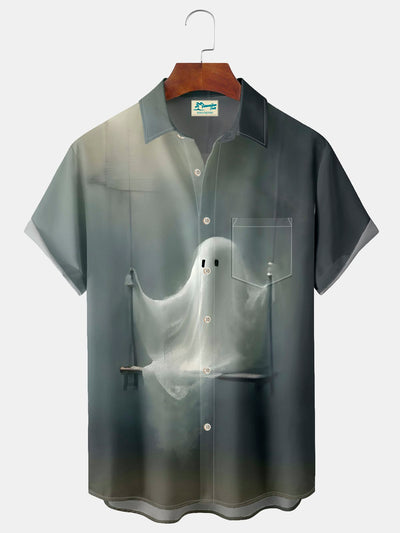 Royaura Halloween Geist Print Herren hawaiisch Übergröße Hemden mit Taschen