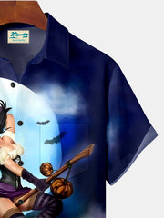 Royaura Halloween Hexe Katze Print Herren hawaiisch Bowling Hemden mit Taschen