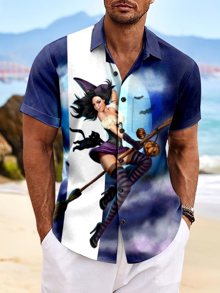Royaura Halloween Hexe Katze Print Herren hawaiisch Bowling Hemden mit Taschen