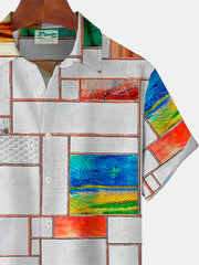 Royaura Geometrisch Farbblock Print Herren Knopf Tasche Kurzarm Hemden