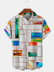 Royaura Geometrisch Farbblock Print Herren Knopf Tasche Kurzarm Hemden
