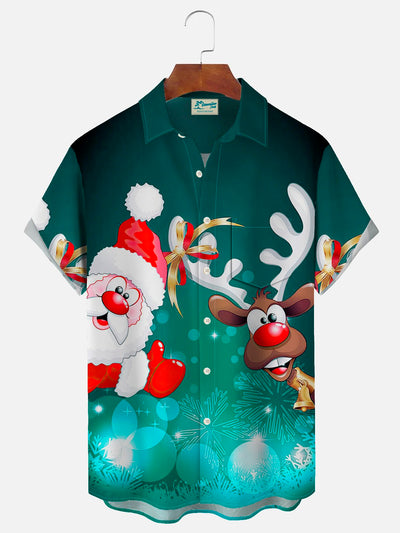 Royaura Weihnachten Weihnachtsmann Sika rotwild Print Herren Knopf Tasche kurzärmlig Hemden