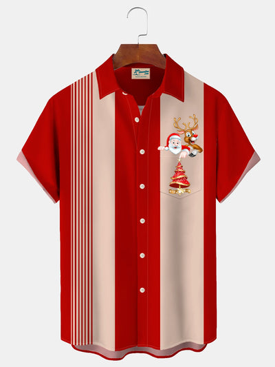 Royaura Weihnachten Weihnachtsmann Weihnachten Baum Bowling Print Herren Knopf Tasche Kurzarm Hemden