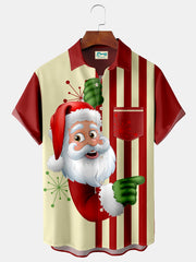 Royaura Weihnachtsmann Geometrisch Gestreift Print Strand Herren Übergröße Bowling Hemden mit Taschen