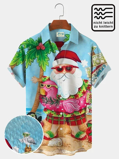 Herren Weihnachten hawaiisch Kurzarm Seersucker Falten Freie Hemden