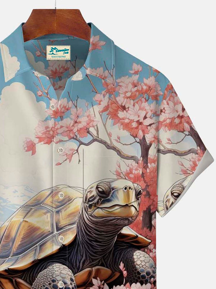 Royaura 50's japanisch Retro Ukiyo-e Herren hawaiisch Shirts Schildkröte Sakura-Falte Freie Seersucker Aloha Lager Tasche Shirts