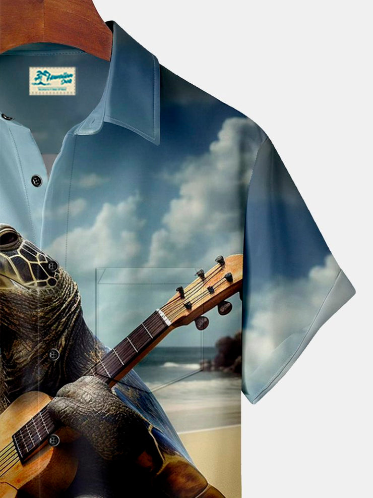 Royaura Musik Gitarre spielen Schildkröte Print Strand Herren hawaiisch Übergröße Hemden mit Taschen