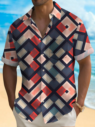 Royaura Geometrisch Kontrast Herren hawaiisch Hemden Strecken Große Größen Aloha Lager Tasche Button-Down Hemden