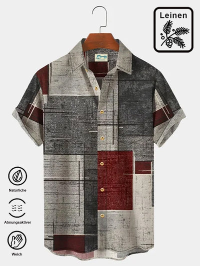 Royaura Baumwolle Leinen Herren Urlaub Geometrisch Textur hawaiisch Knopf Kurzarm Hemden