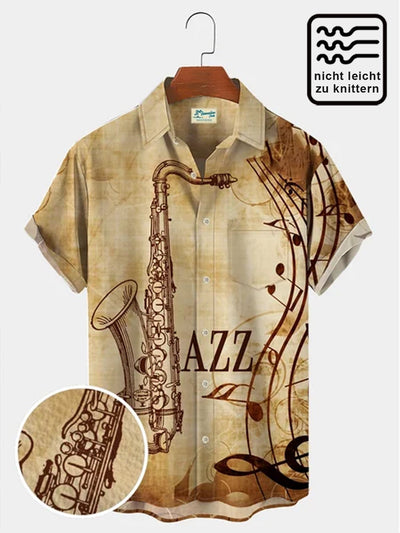 Royaura Herren Retro hawaiisch Shirts Jazz Saxophon Hinweis Kunst Seersucker Falten Freie Aloha Shirts
