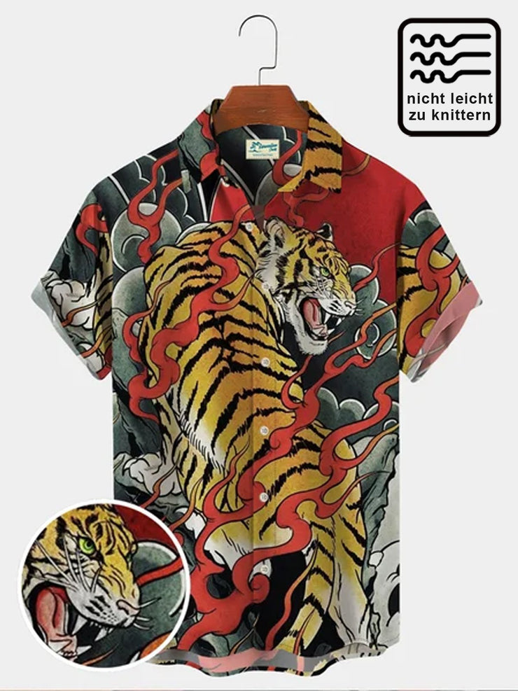 Royaura 50's Herren Retro Aloha Shirts Ukiyo-e Tiger Kunst Übergröße Strecken hawaiisch Shirts