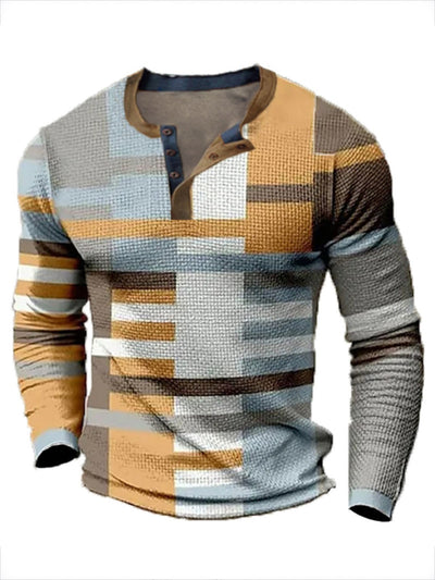 Royaura Muster Kariert Fashion Designer Herren 3D Print Waffel-Henley Lässig Stil Klassisch Stil Outdoor Täglich T-Shirt Orange Langarm-Henley Frühling und Herbst Kleidung