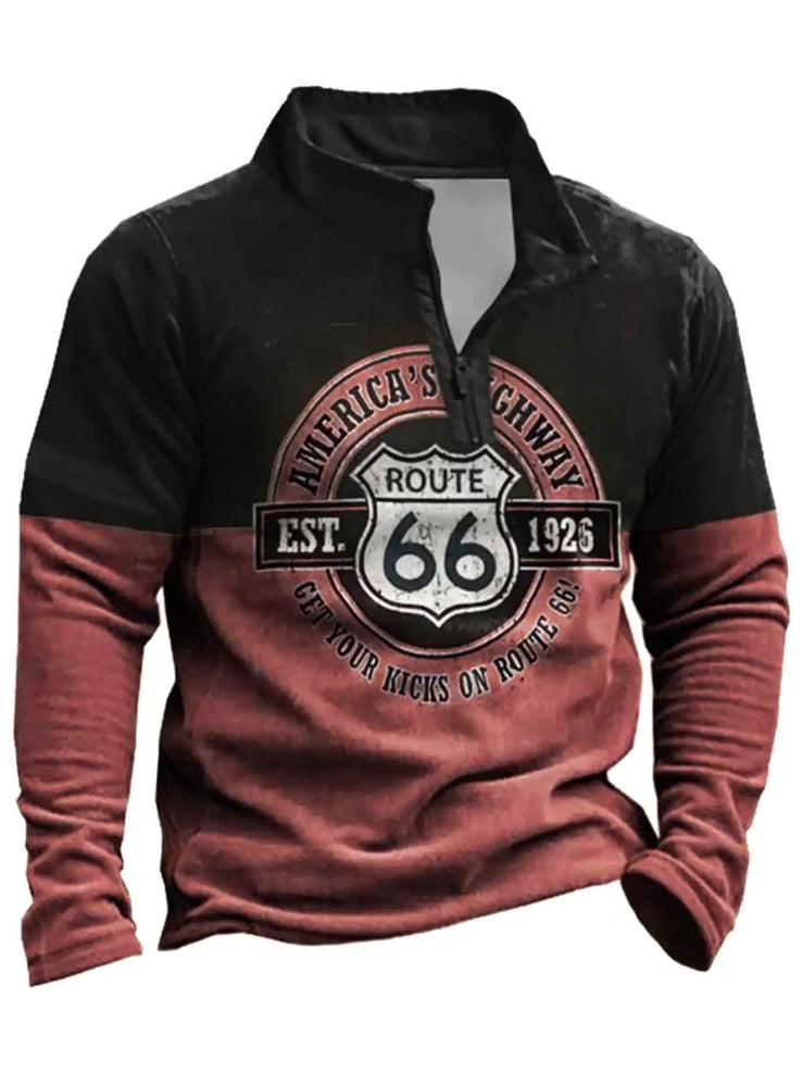 Royaura Retro Route 66 Khaki Halber Reißverschluss Stehkragen Sweatshirts Warm Bequem Pullover Sport Sweatshirts