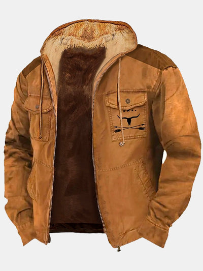 Royaura Retro Vlies Kapuzenpullover Mantel Reißverschlussfach Herren Warm Bequem Outdoor Western Cowboy Jacke Outwear