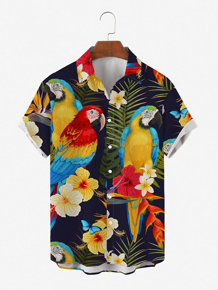 Herren Tropisch Echte Papageien Print Runden Saum Weit Kurzarm Shirts