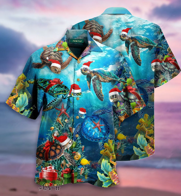 Herren Weihnachten Schildkröte Print Weit Kurzarm hawaiisch Shirts