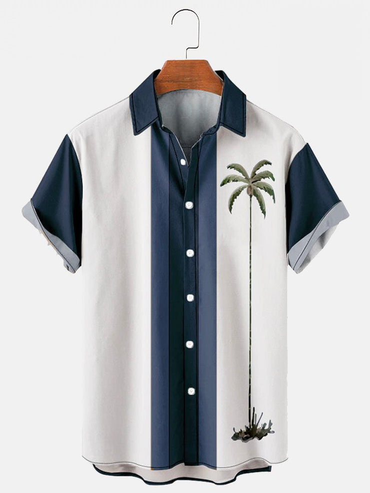 Herren 1950s Retro Bowling Shirts Palme Khaki Falten Freie Seersucker Hemdenn&Shirts