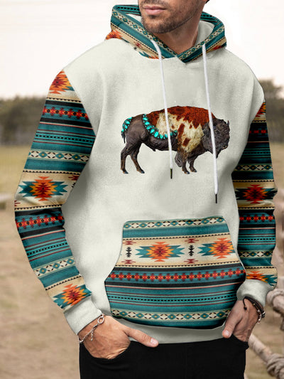 Royaura Herren aztekisch Einheimisch amerikanisch Bison Print Retro Tunnelzug Kapuzenpullover